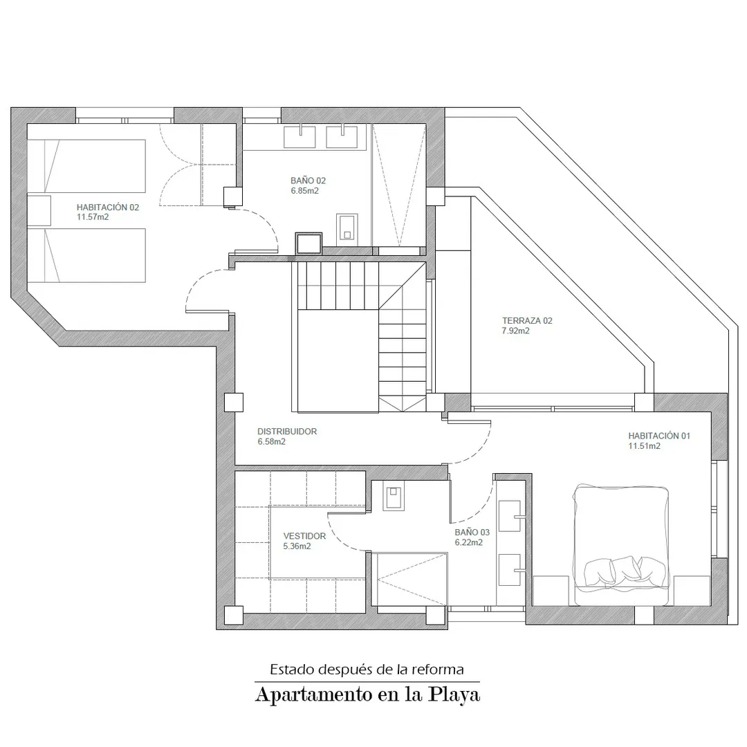 Después: plano de la planta segunda reformada, con vestidor y baño junto al dormitorio principal