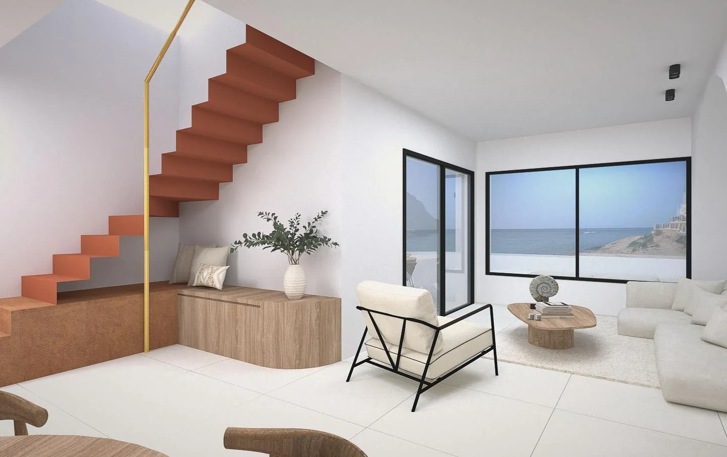 Render de una vivienda con salón blanco, escalera de peldaños rojizos y ventanal hacia el mar