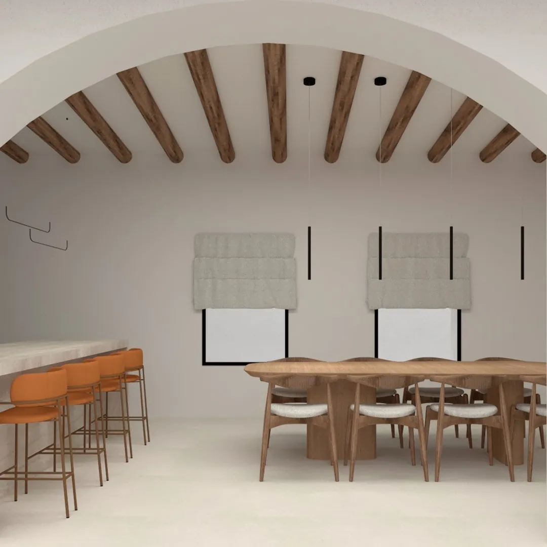 Render de un comedor con vigas de madera vistas, arco encalado y cocina con barra