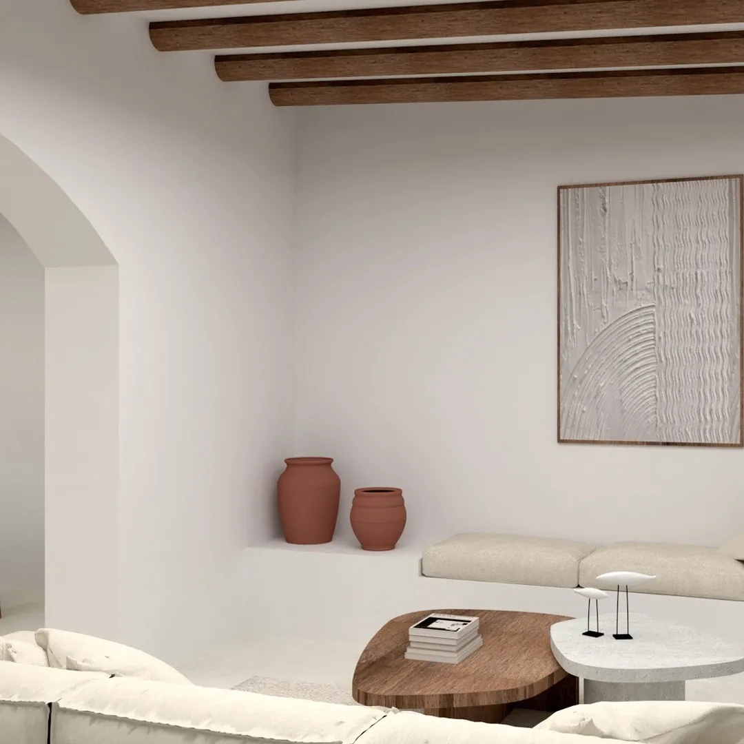 Render de un salón rehabilitado con vigas de madera vistas y paredes encaladas
